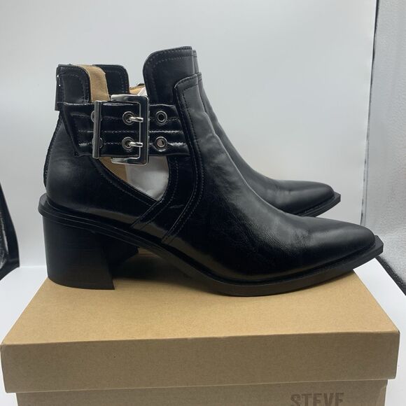 Steve Madden GATEWOOD  Boots In Black Leather Silver Buckles & Zip Women’s 9.5 - Picture 3 of 7